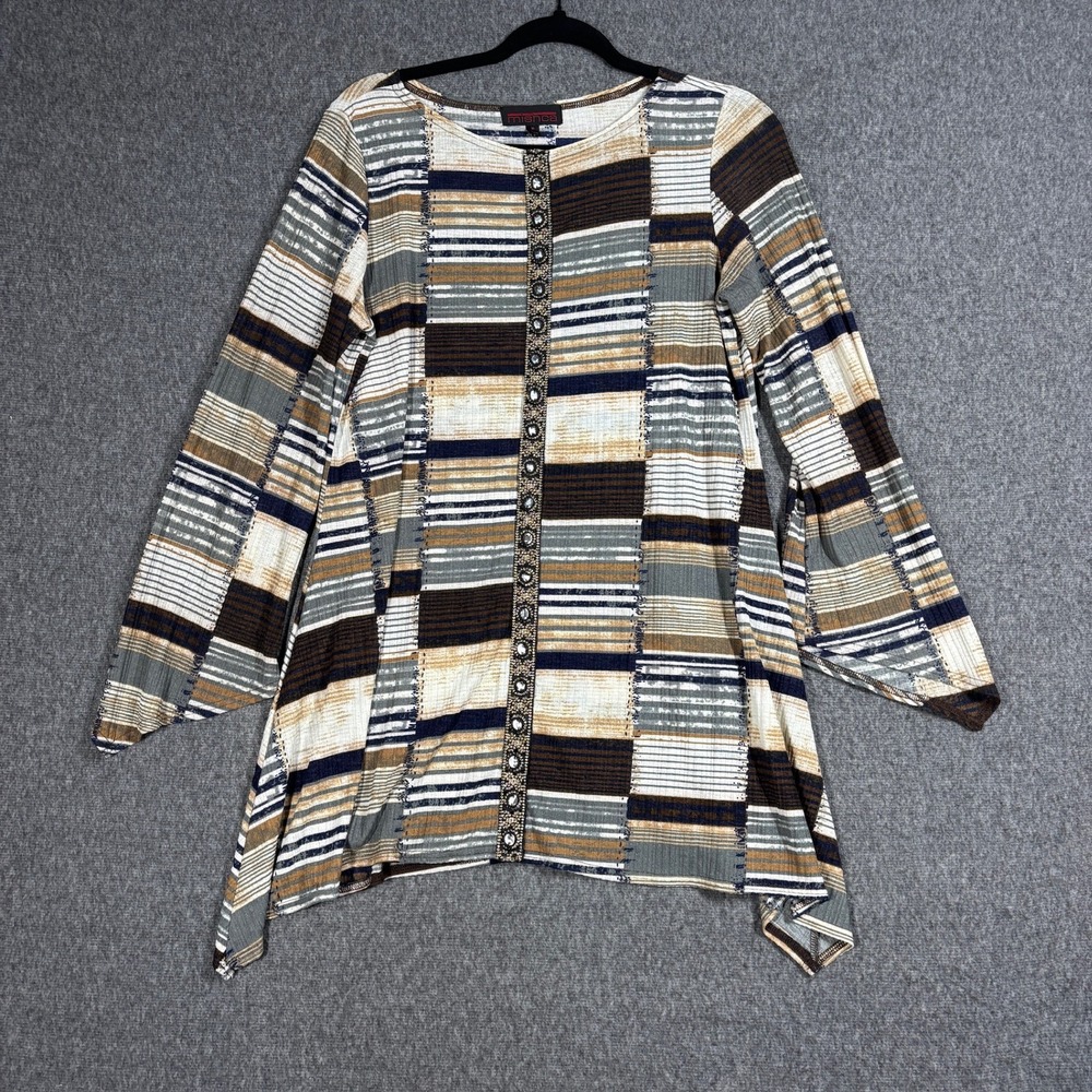 Mishca Womens Patchwork Striped Ribbed Tunic Top Brown Blue Sharkbite Hem Medium